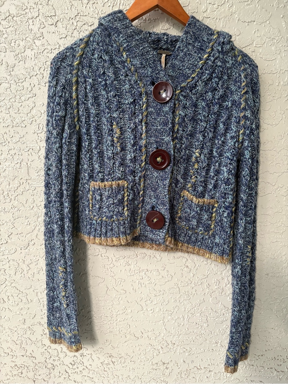 Free People Y2K Hooded Cropped Cardigan Alpaca Wool Cable Knit Blend Boho M